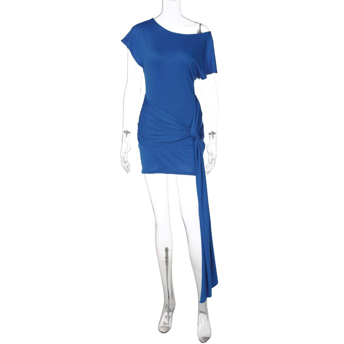 Women Clothing Spring Solid Color Diagonal Collar Short Sleeve Lace up Pleated Waist Tight Slimming Dress