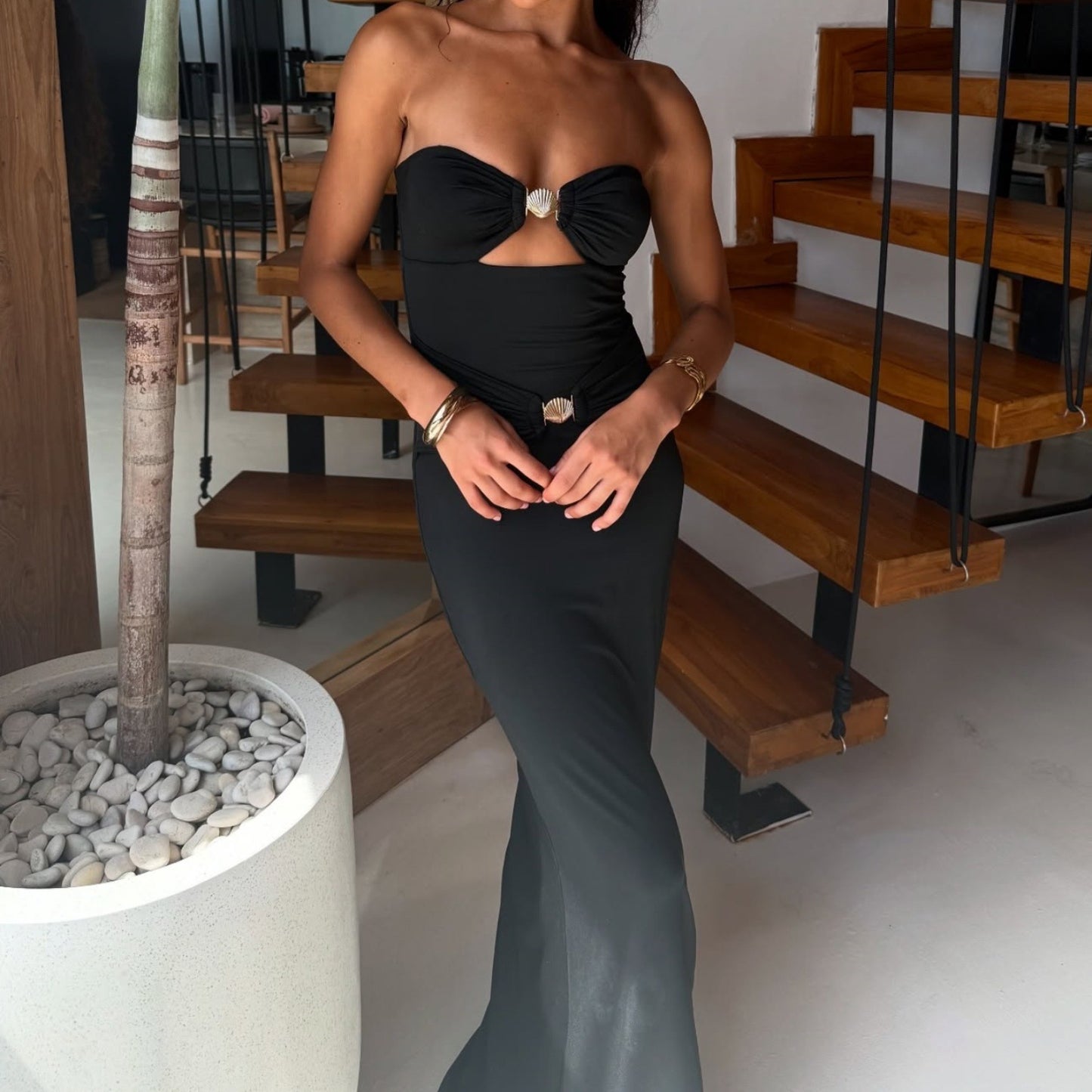 Fall Women Clothing Sexy Bandeau Elegant Solid Color High Waist Sheath Dress