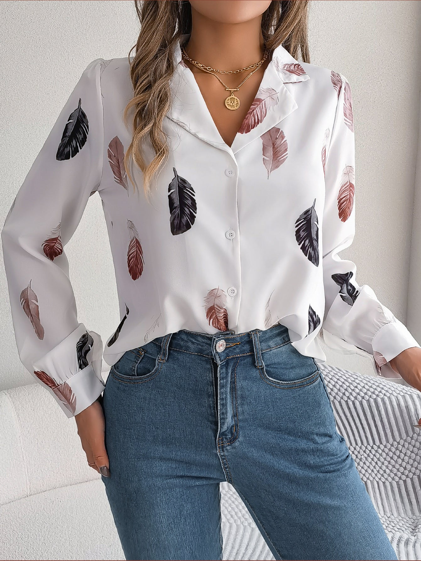 Autumn Winter Elegant Feather Printed Suit Collar Long Sleeve Shirt Women Clothing