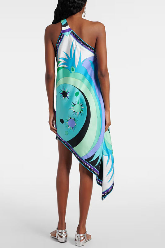 Spring Summer Satin Positioning Printing Sloping Shoulder Dress Casual Holiday Dress