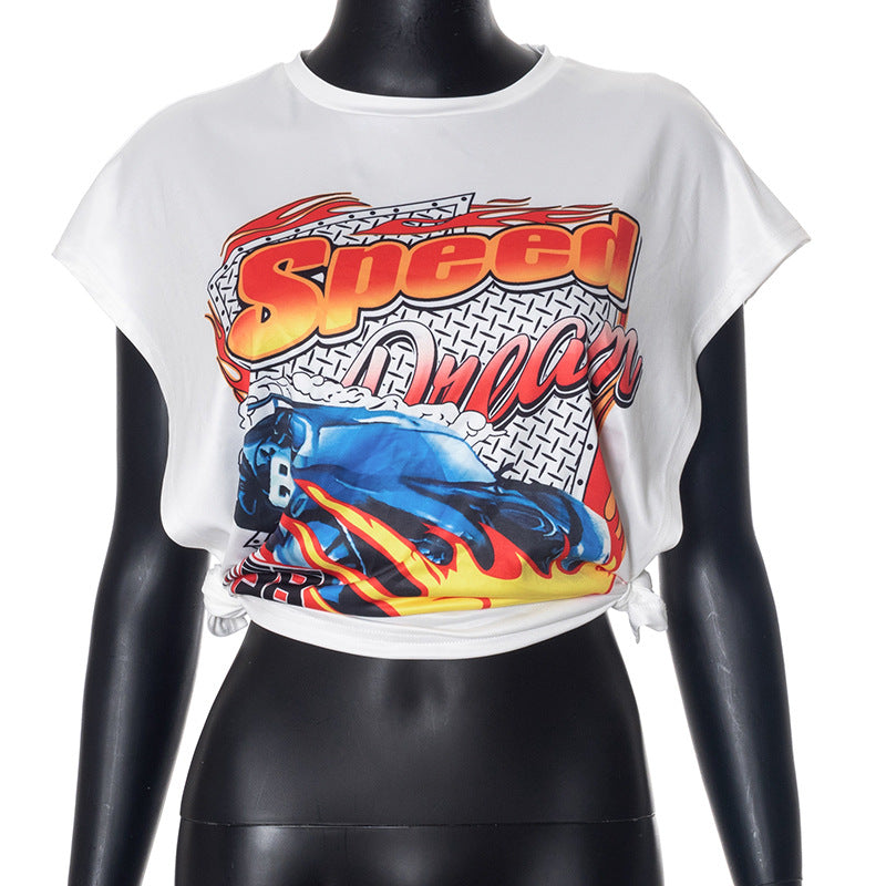 Women Clothing Summer Printed Round Neck Sleeveless Split Casual Short Top