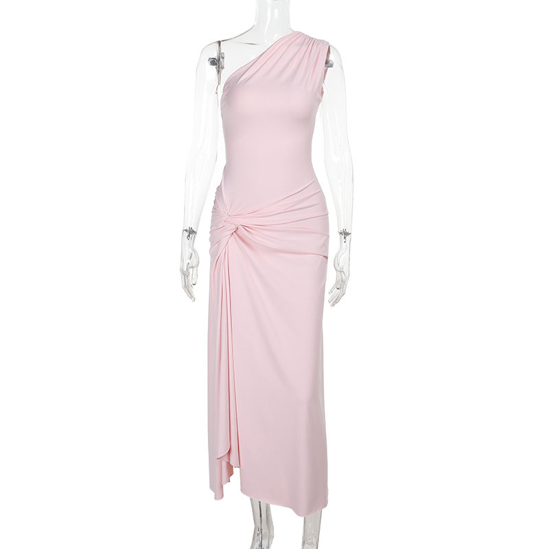 Diagonal Collar Single Room Dress Summer Waist Dress Slit Dress