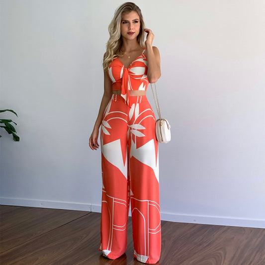 Women Clothing Imitation Linen Casual Sets V neck Short Vest High Waist Print Wide Leg Pants Two Piece Set