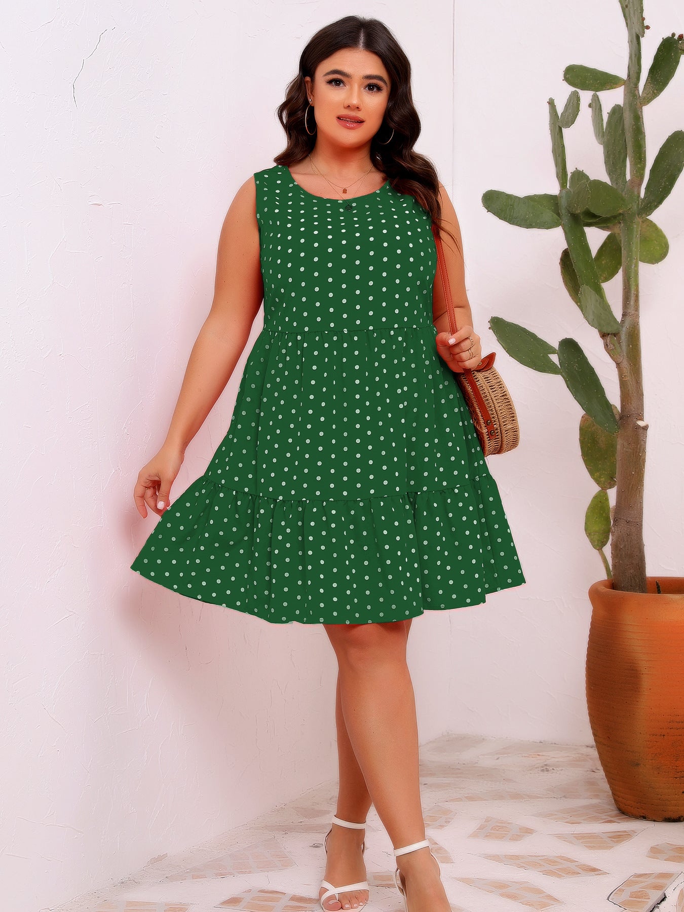 Round Neck Sleeveless Polka Dot Loose Fitting Large Hem Ruffled Dress