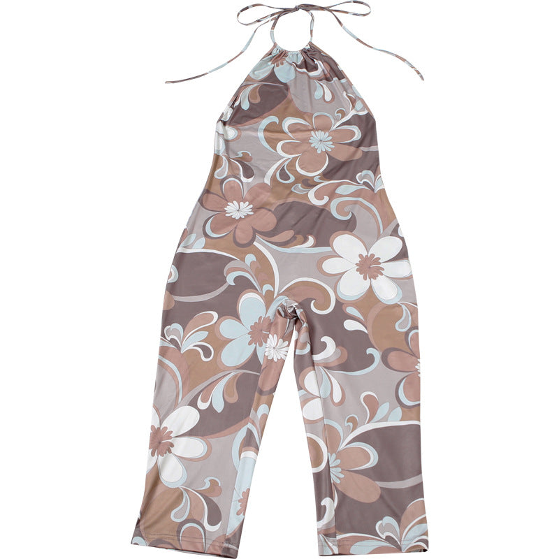 Summer Women Sexy Halter Printed Backless High Slimming Waist Jumpsuit