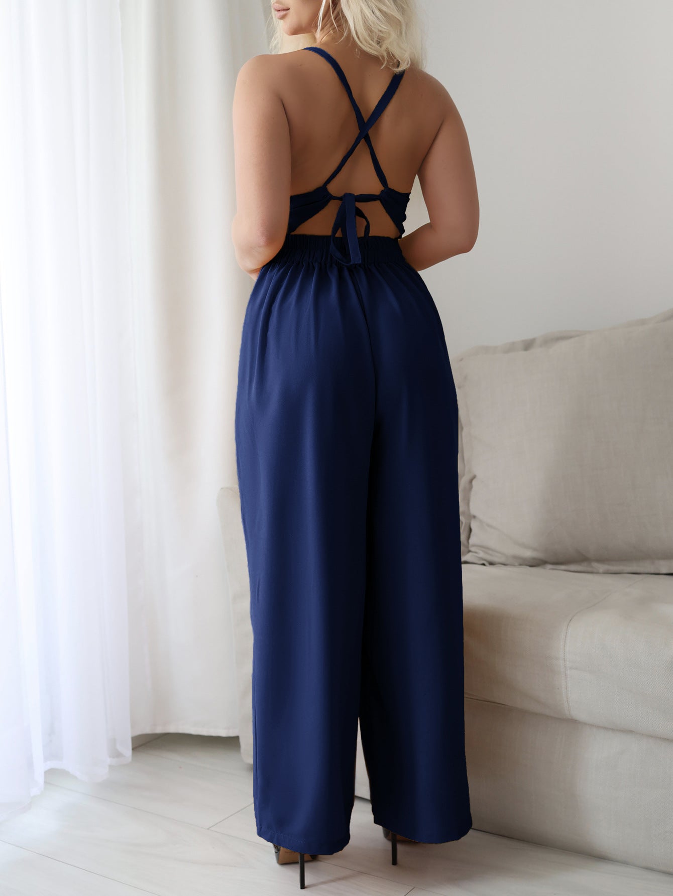 Spring Summer Casual Vacation Office Solid Color Sling Wide Leg Overalls Women Clothing