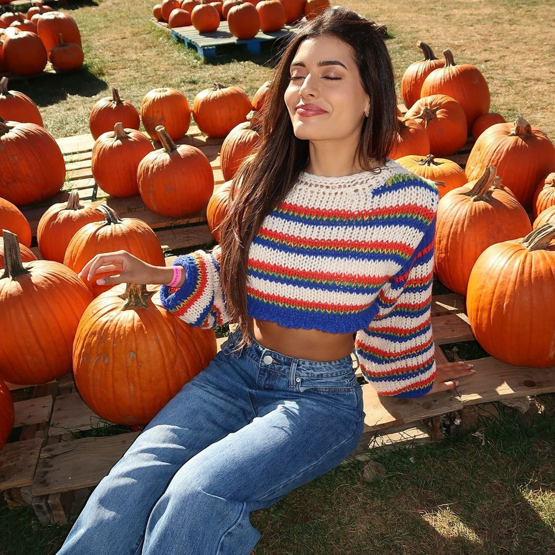 Fall Women Clothing Casual Personality Blue Stitching Long Sleeves Cropped Pullover Sweater