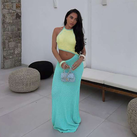 Summer Women Sexy Contrast Color Halter Small Sling Vest Knitted Hollow Out Cutout Skirt Two Piece Sets