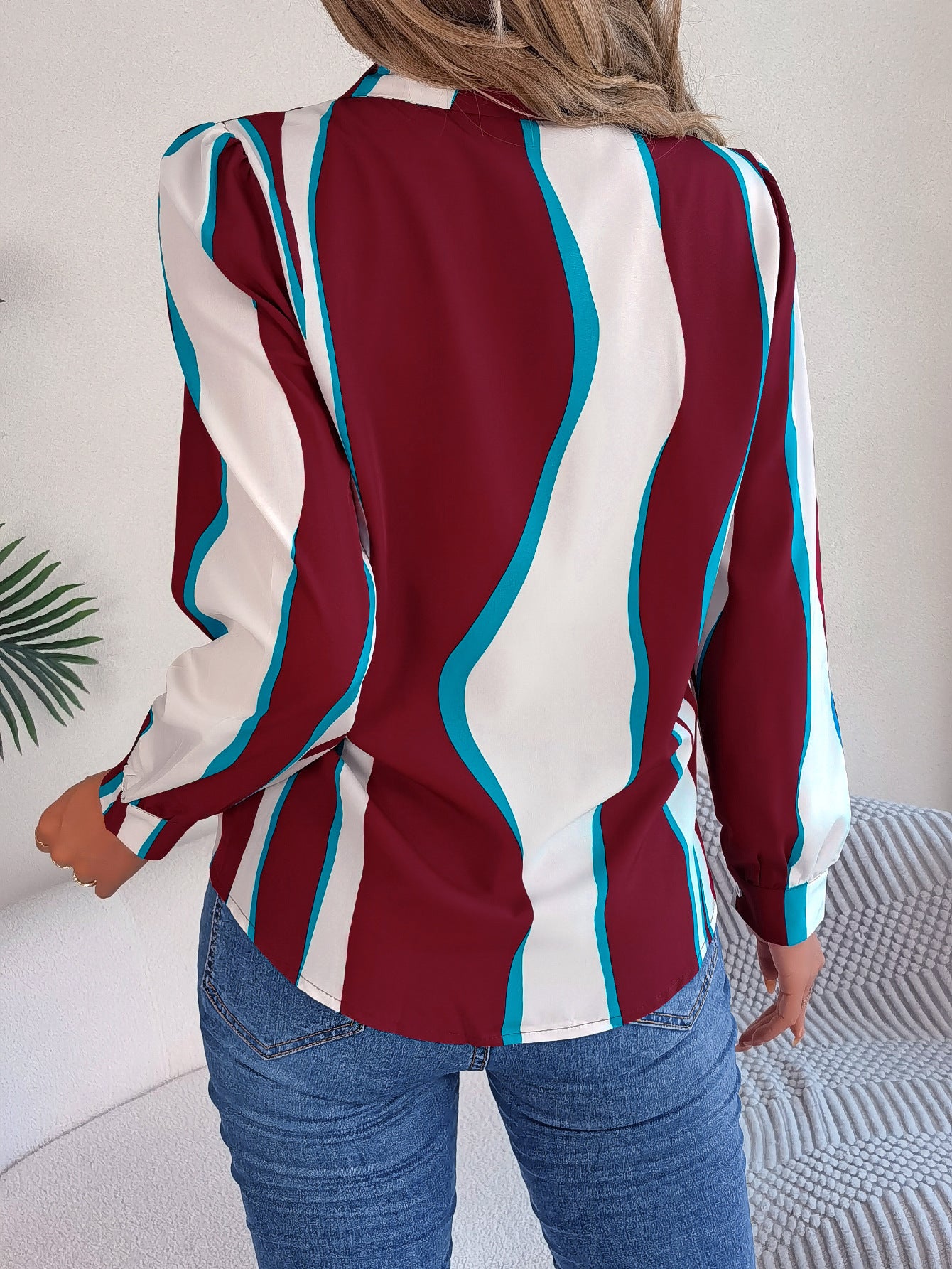Autumn Winter Casual Contrast Color Striped Suit Collar Long Sleeve Shirt Women