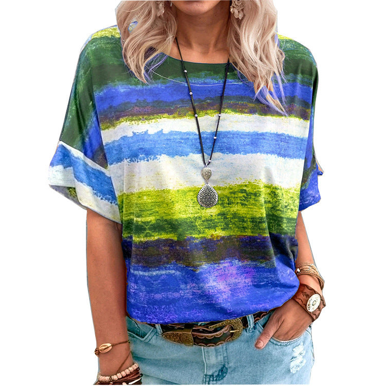 Women Clothing Summer Gradient Contrast Women Short-Sleeved T-shirt Women