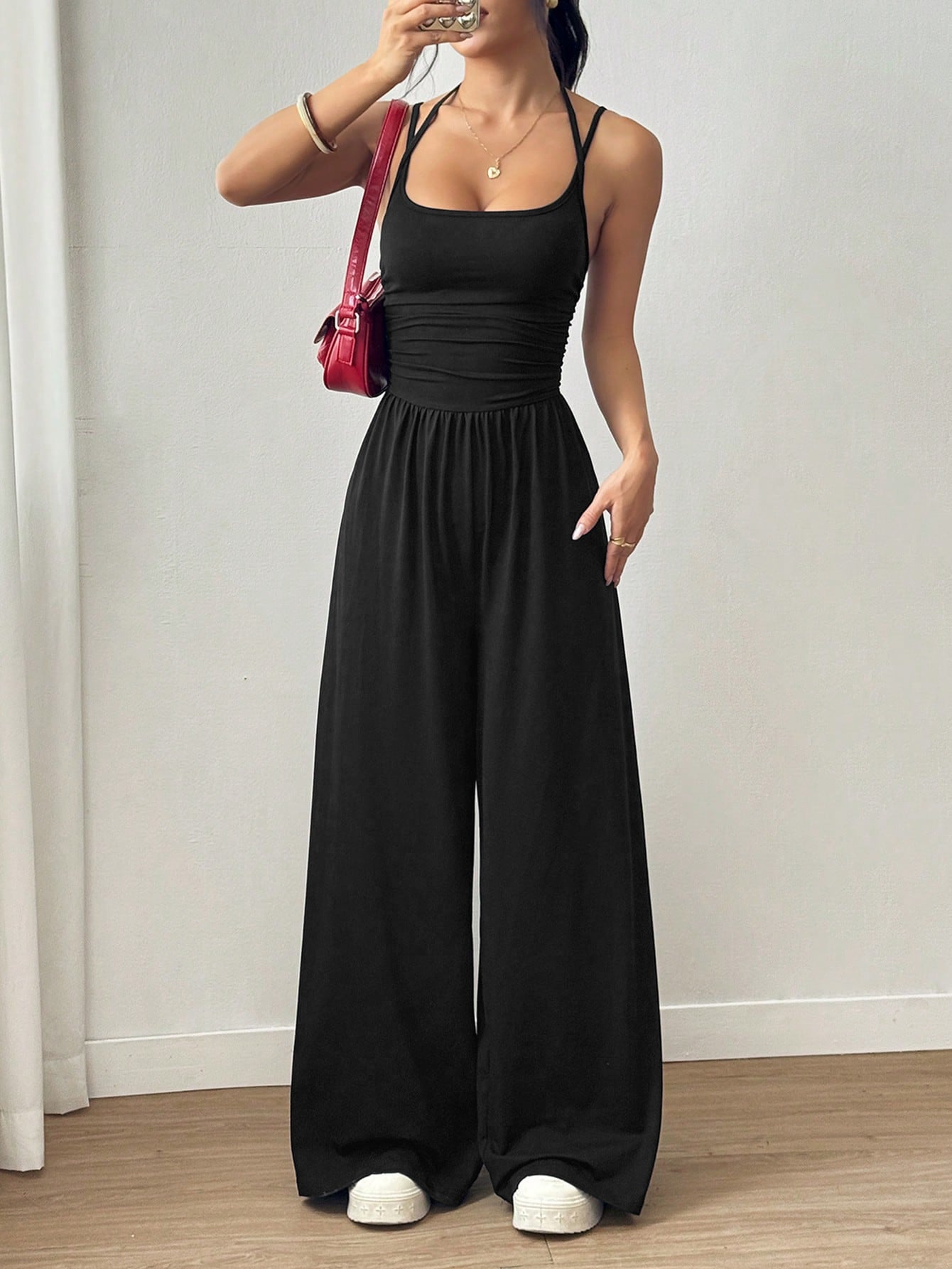 Suspender Women Casual Summer Wide Leg Loose Wrapped Chest Nipped Waist Jumpsuit