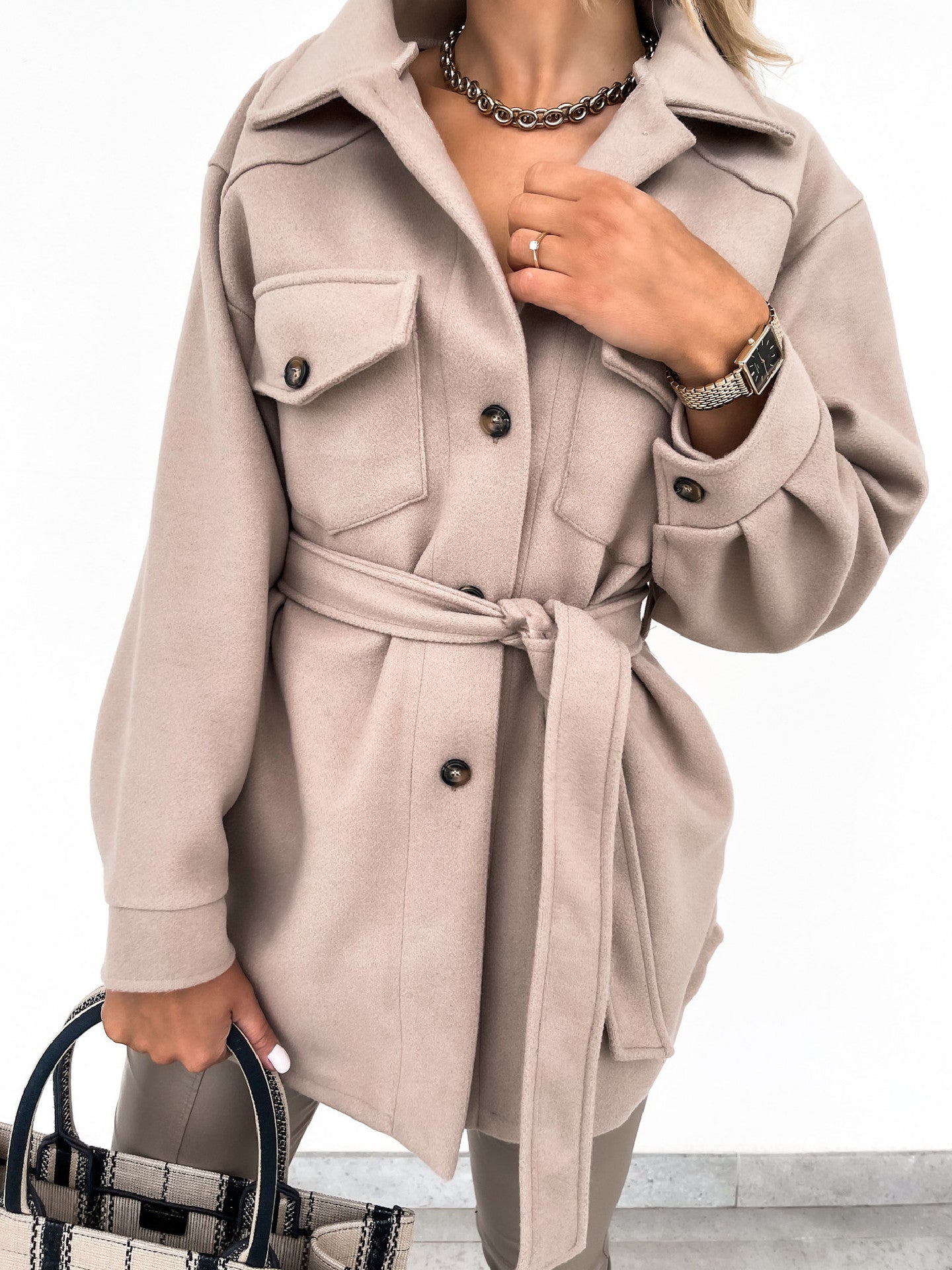 Fall Winter Lapels Single Breasted Thickened Solid Color Shirt Woolen Baggy Coat Female