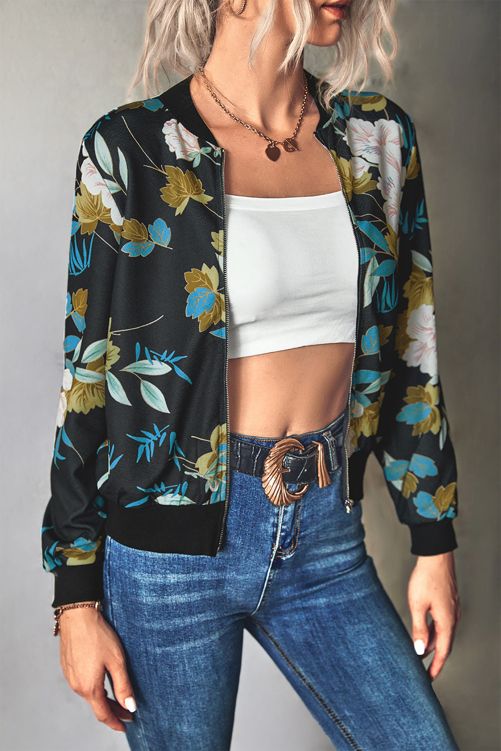 Autumn Winter Women Clothing Printing Thread Collar Zip Long Sleeve Coat