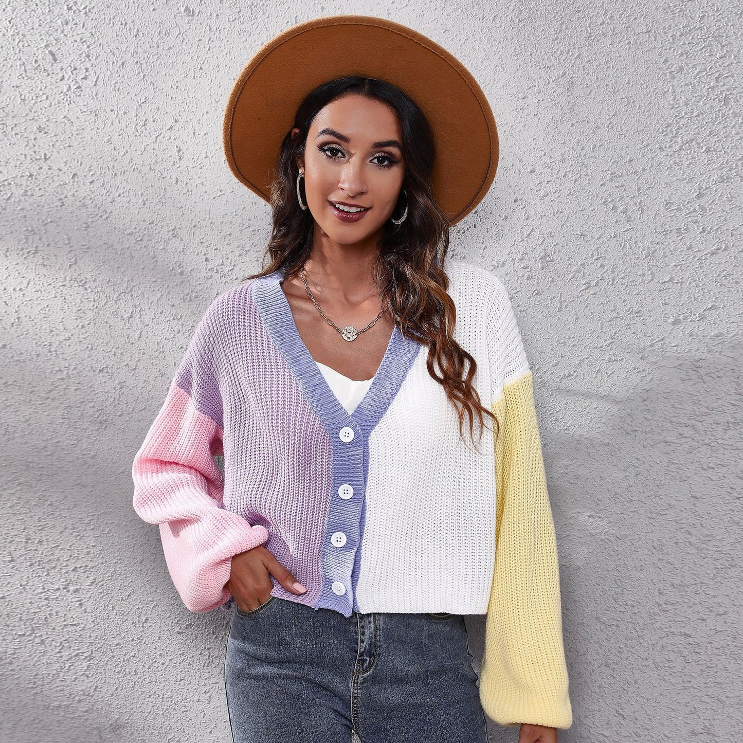Popular Contrast Color Knitted Cardigan Color Matching Lantern Sleeve Short Sweater for Women Loose