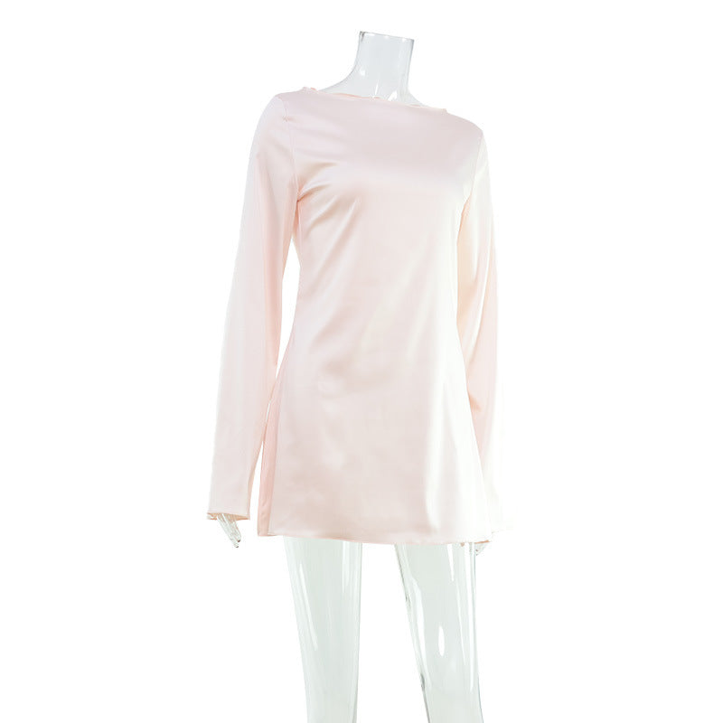 Fashionable Elegant Women Casual Loose round Neck Long Sleeve Satin Comfortable Dress Short