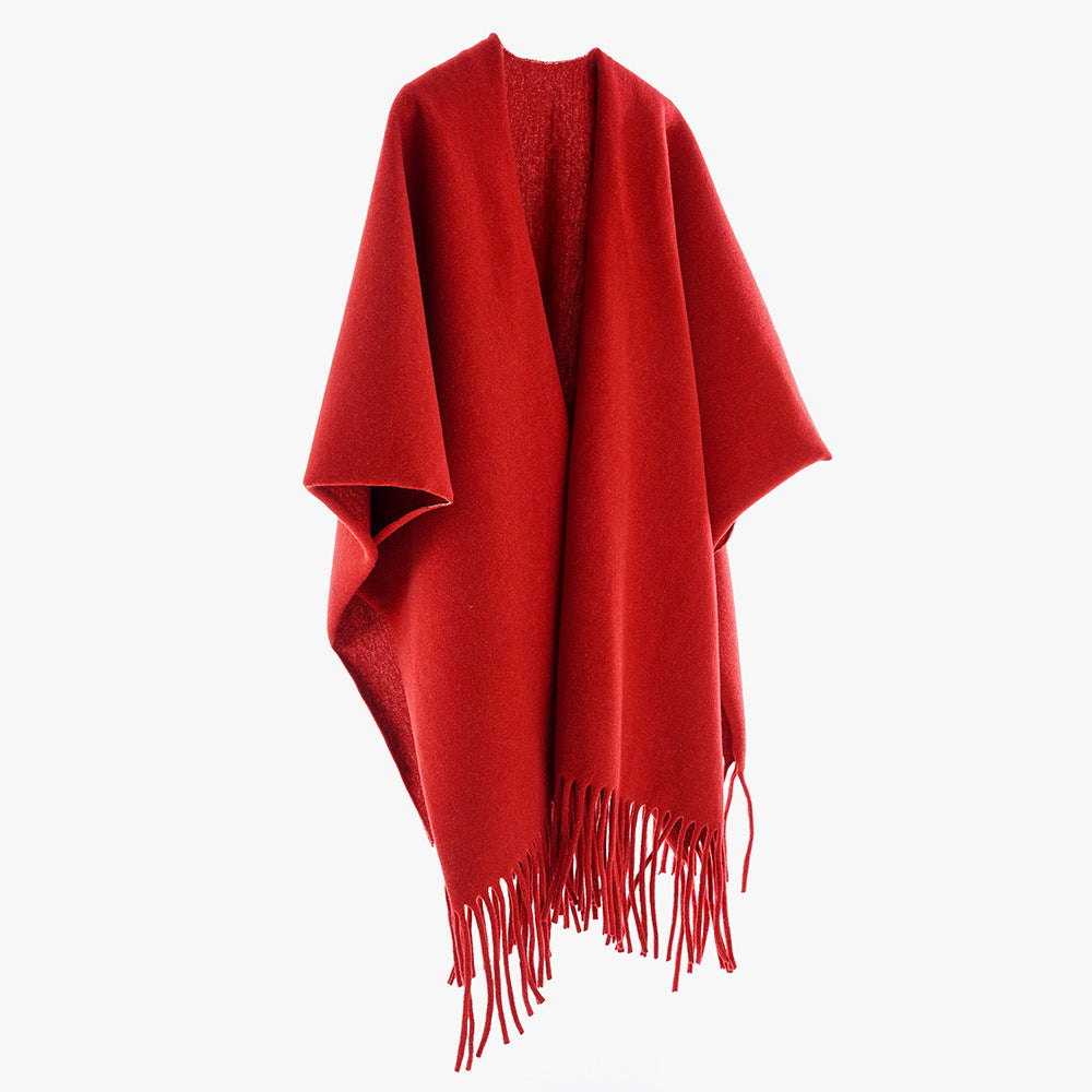 Solid Color All Matching Cashmere Tassel Shawl for Women Fall Winter Retro Travel Warm Outerwear Cloak Robe