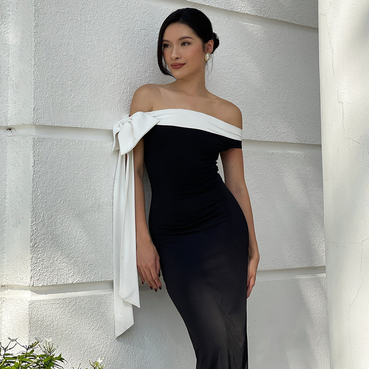 Women Clothing Autumn Winter Fashionable off Shoulder Ribbon Slim Solid Color Dress