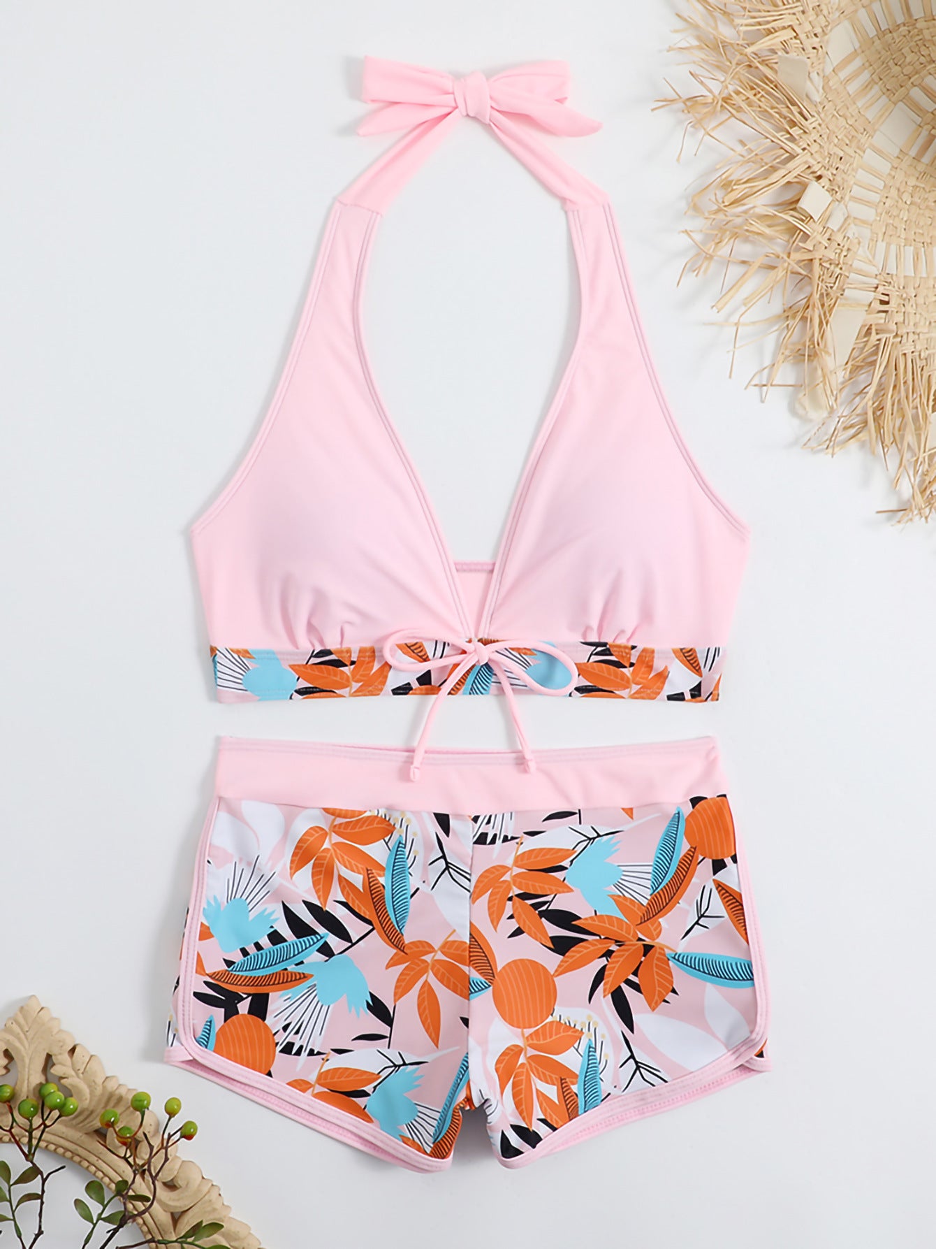 Swimsuit Women Split High Waist Boxer Lace Printing Solid Color Stitching Swimsuit