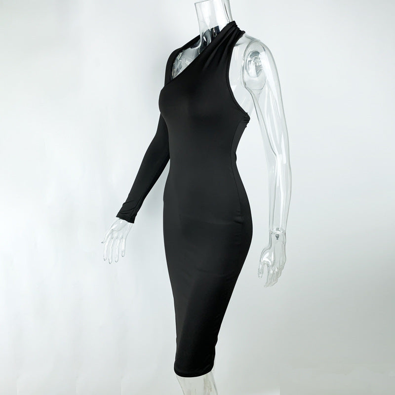 Spring Summer Women Clothing Single Sleeve Irregular Asymmetric Sexy Slim Dress Dress Dress