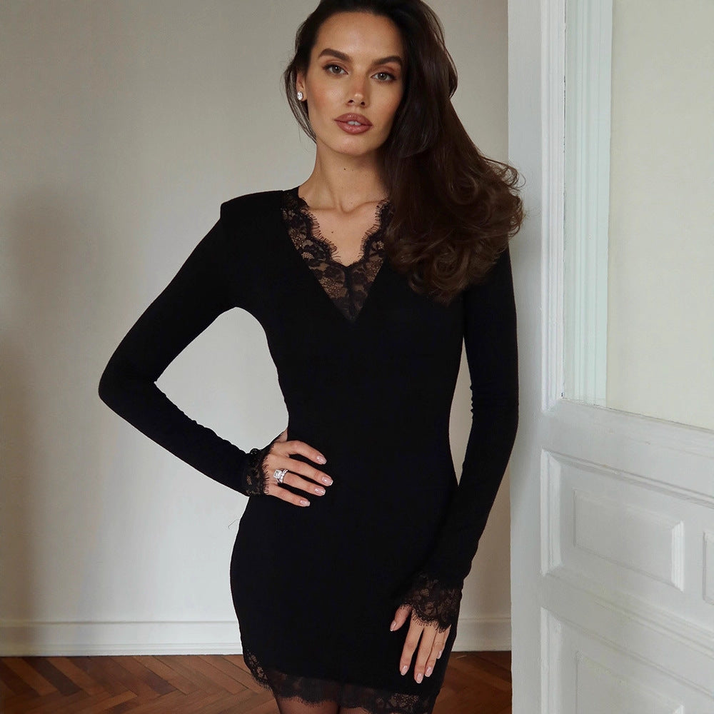 Autumn Women Clothing French Lace V neck Solid Color Simple Slim Fit Long Sleeve Narrow Short Dress