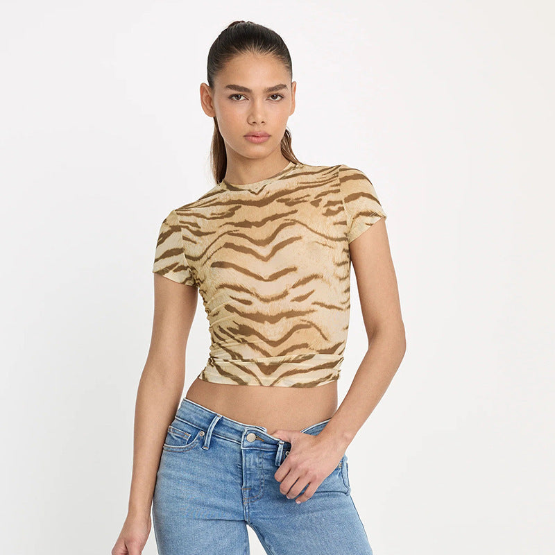 Women Clothing Summer Mesh Printed round Neck Short Sleeve Slim Top T shirt