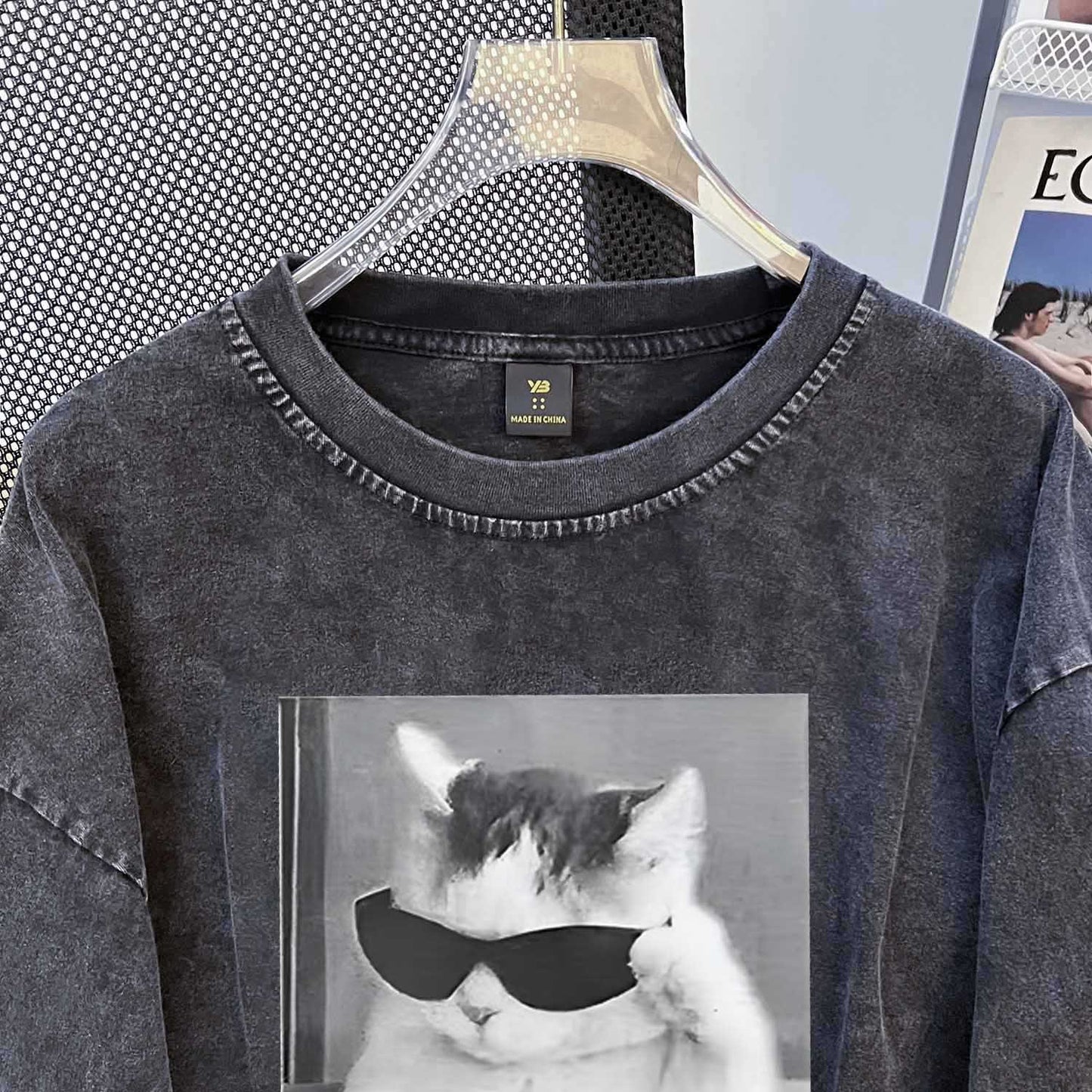 Special Interest Design Washed Distressed Long T Shirt Women Washed Vintage Pure Cotton O Neck Short Sweatshirt