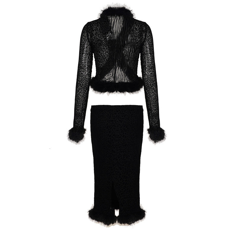 Sexy Flocking Wool Tops Lace up Cardigan Leopard Print Skirt Women Fur Stitching Two Piece Sets