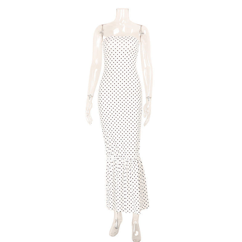 White Polka Dot Tight Strapless Tight Waist Fishtail Hip French Sexy Vacation Long Dress