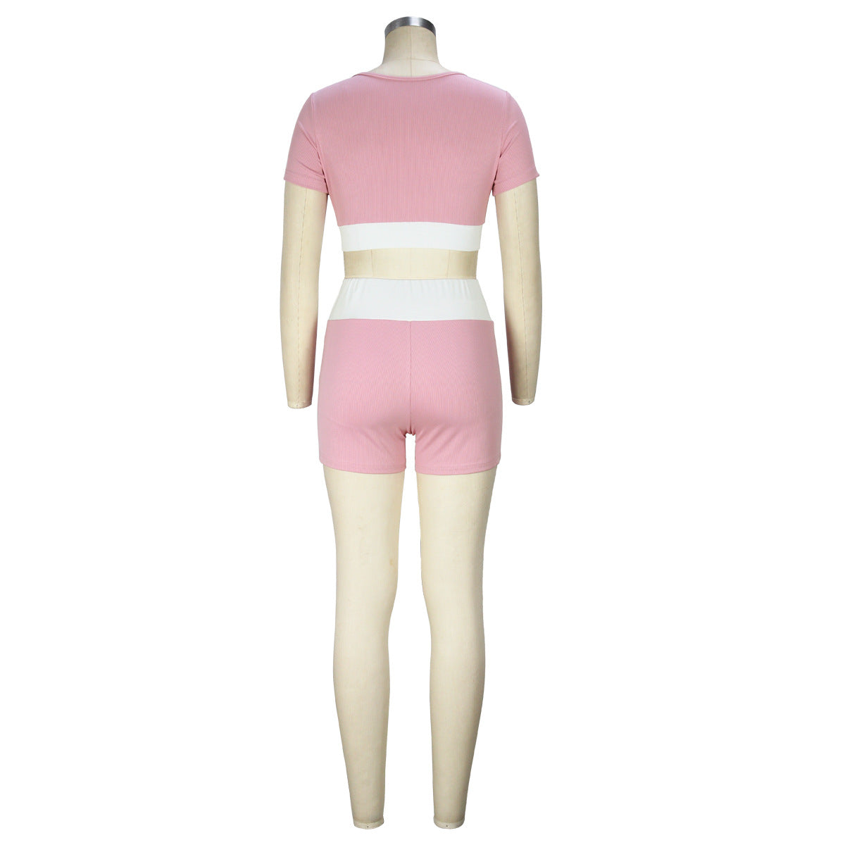 Summer Women Clothing Contrast Color U Neck Short Sleeved Shorts Two Piece Set Sexy Cropped Yoga Suit