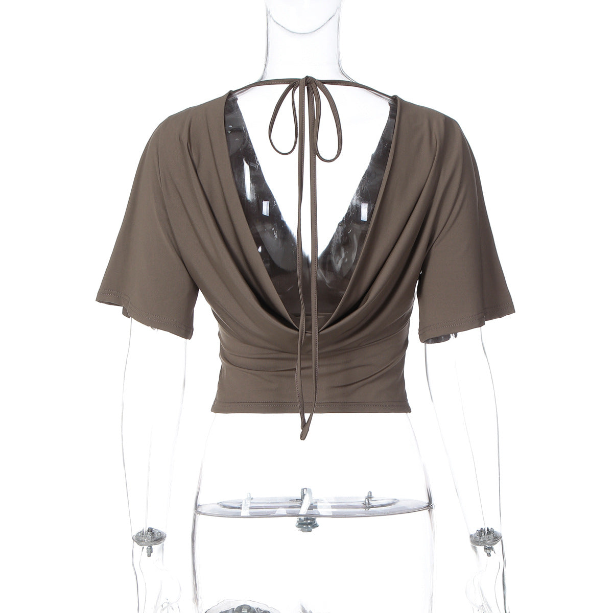 Women Clothing Summer Sexy Low Cut Deep V Plunge neck Solid Color Backless Lace up Half Sleeve T shirt Top