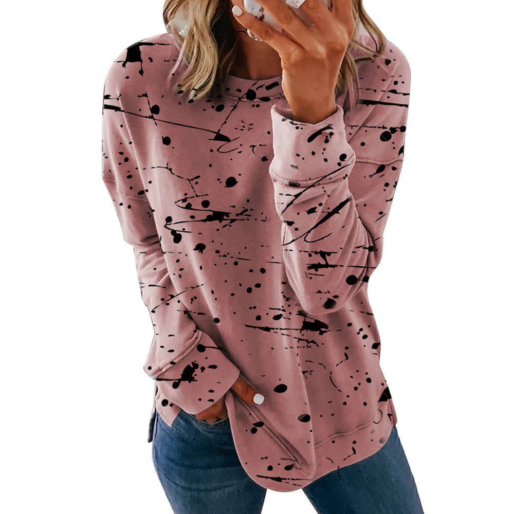 Autumn Winter Women Clothing Printing Color Contrast Patchwork Round Neck Long Sleeve Sweatshirt