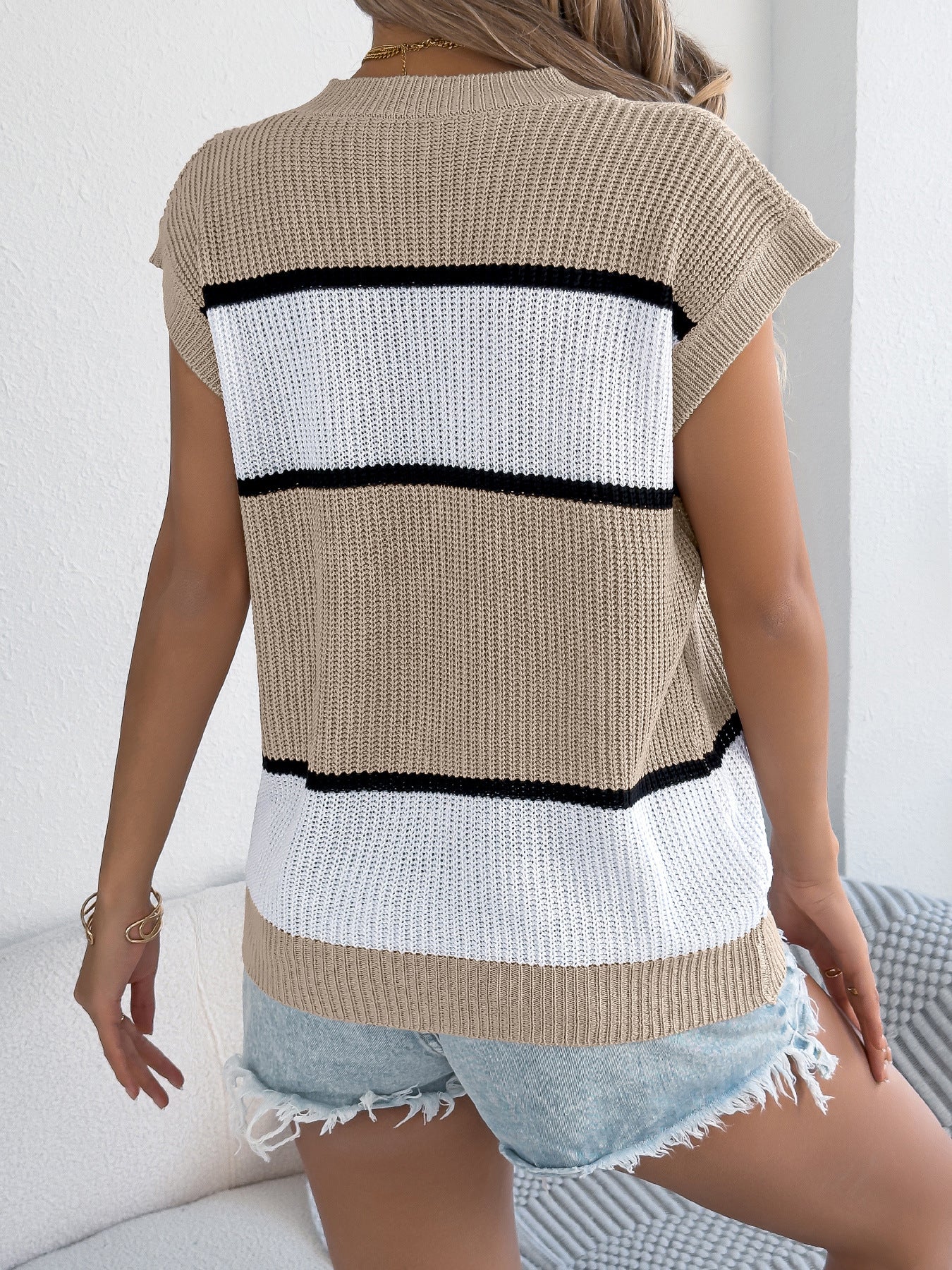 Spring Summer Contrast Color Striped Casual Loose Knitwear Holiday Top Women Clothing