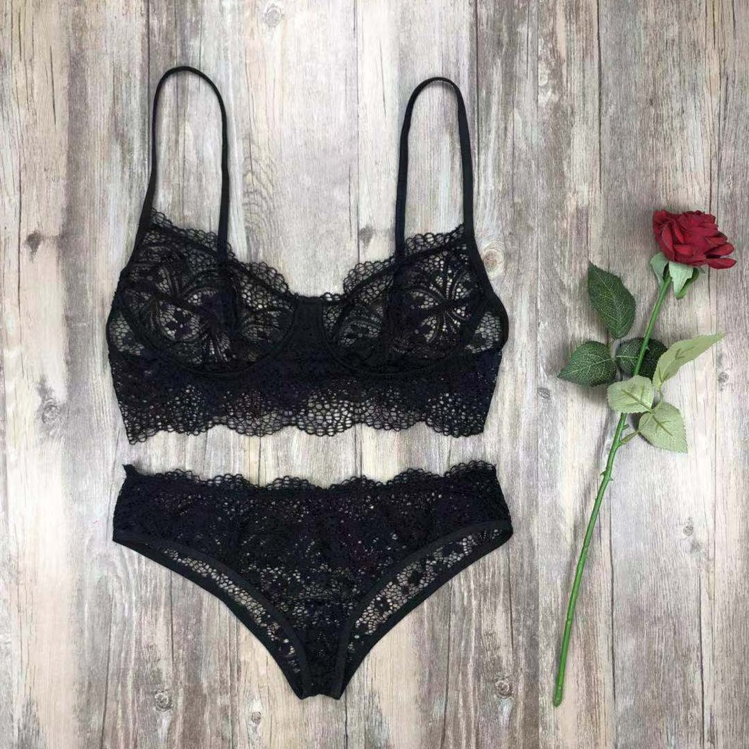 Lace Sexy Lingerie Set Solid Color Eyelash Lace