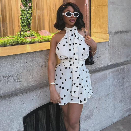 Women Wear Waist Pleated Polka Dot A line Dress Printed Halter Short Dress