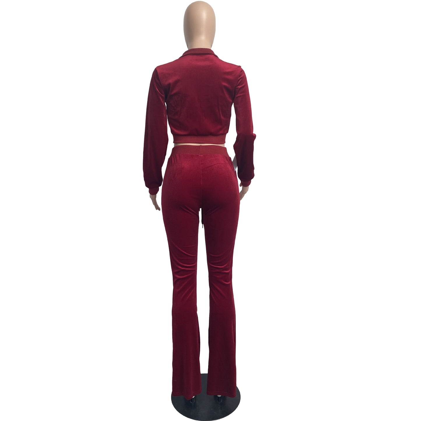 Women Clothing Two-Piece Korean Velvet Solid Color Long Sleeve Sexy cropped Casual Sports Suit