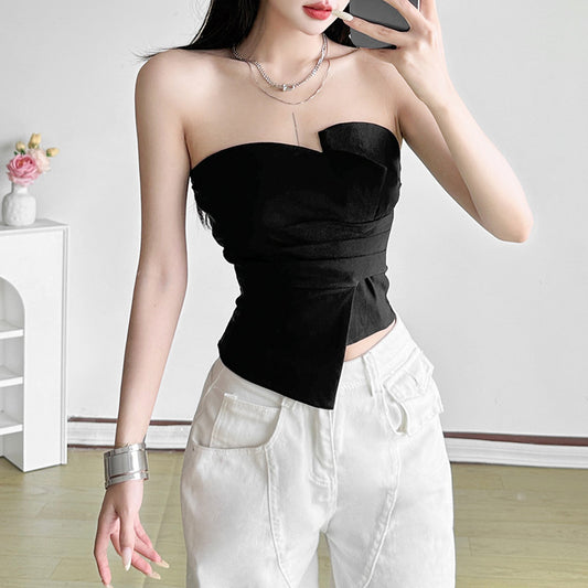 Summer Women Clothing Trend Backless Irregular Asymmetric Pleated Tube Top Short Vest for Women