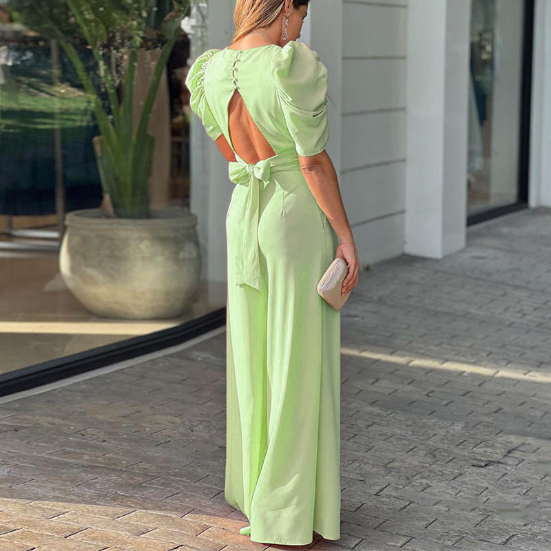 Women Clothing Short Sleeve Elegant Wide Legs Jumpsuit
