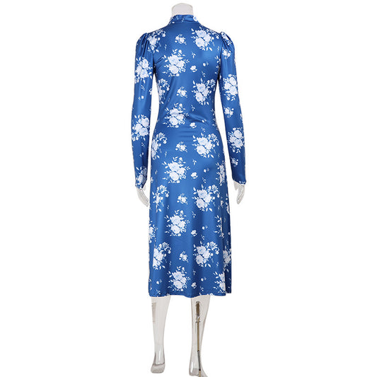 Floral Print Elegant V neck Summer Slim Fit Lightweight Thin Long Sleeve Dress Klein Blue Dress
