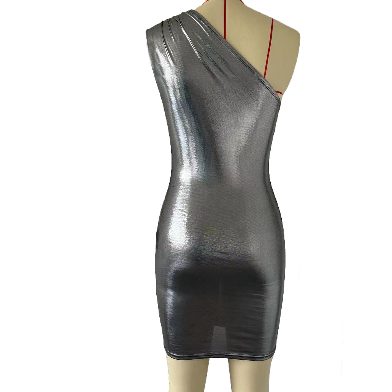 Women One Shoulder Asymmetric Metallic Sheath Sexy Night Club Sleeveless Dress