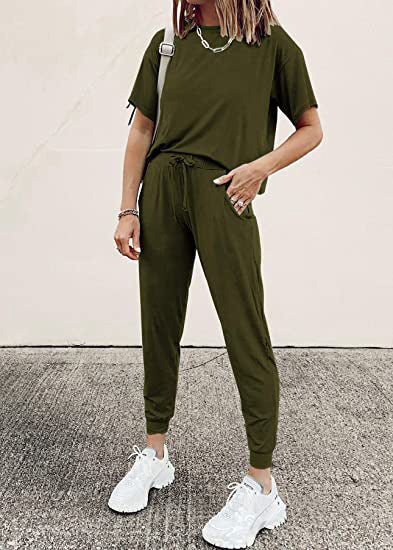 Autumn Winter Women Clothing Home Loose Solid Color Short Sleeve Casual Suit Women