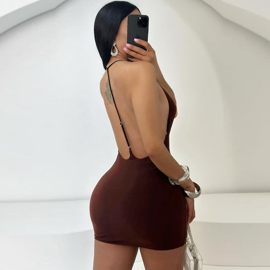 Women Clothing Sexy Slim Strap Deep V Plunge Swing Collar Backless Sheath Dress