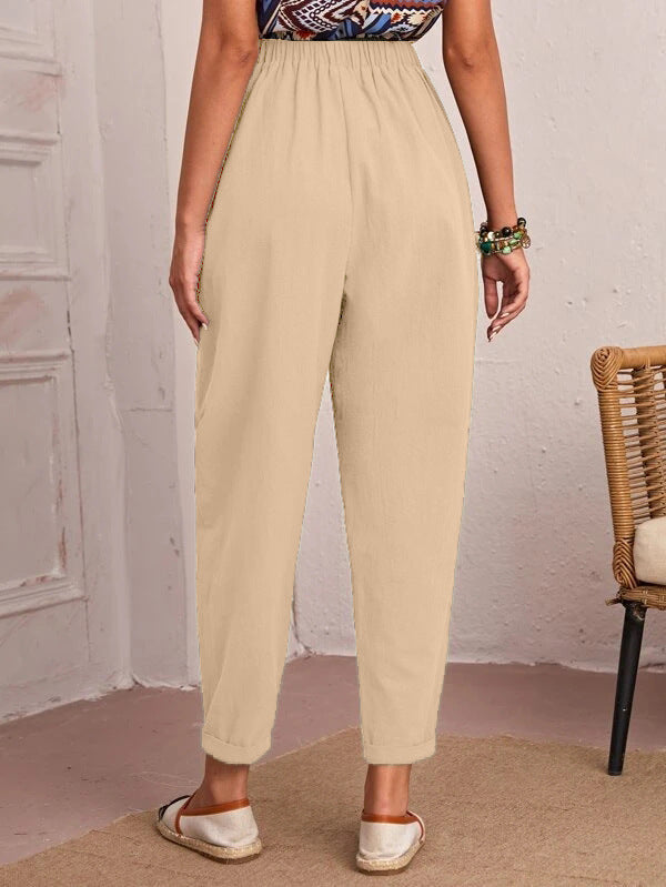 Four Seasons Cotton Linen Cropped Pants Elastic Waist Casual Pants Diagonal Pocket Skinny Pants Women