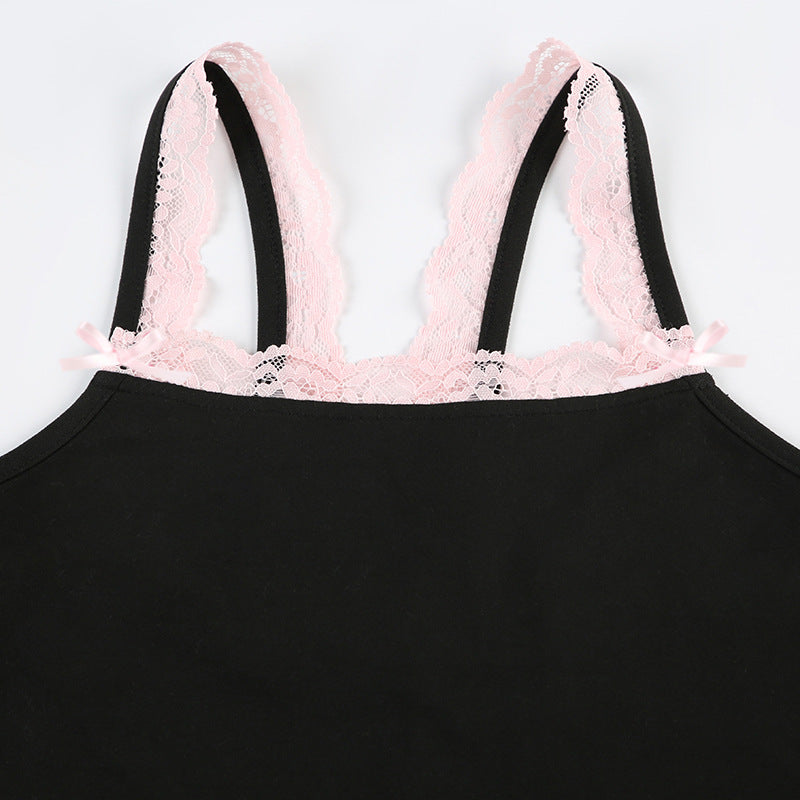 Contrast Color Lace Girl Sling Jumpsuit Summer Holiday Bow Stitching Square Collar Jumpsuit Shorts