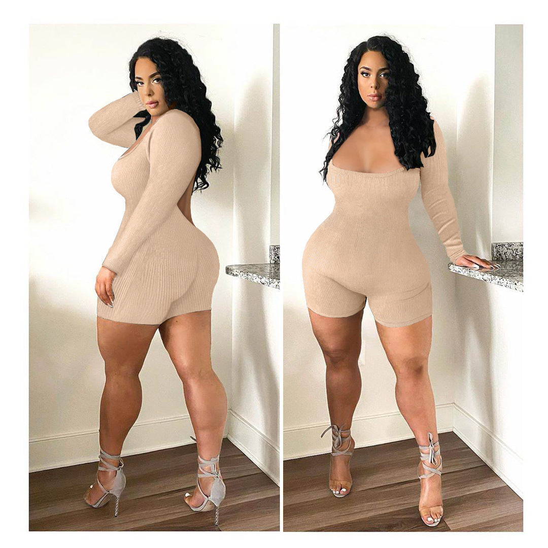 Women Clothing Goods Comfortable Rib Fabric Solid Color Sexy Backless Jumpsuit