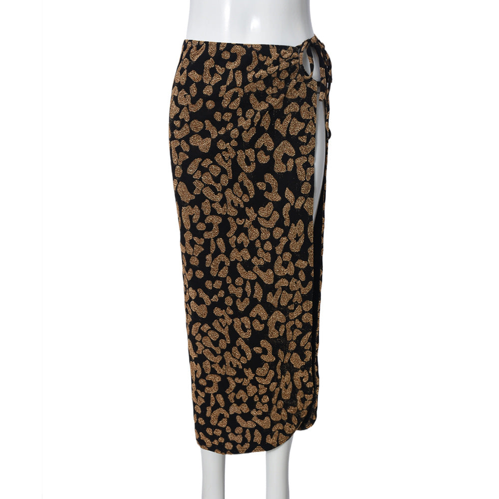 Women Pants Personality Slit Drawstring Lace Stretch Leopard Print Skirt