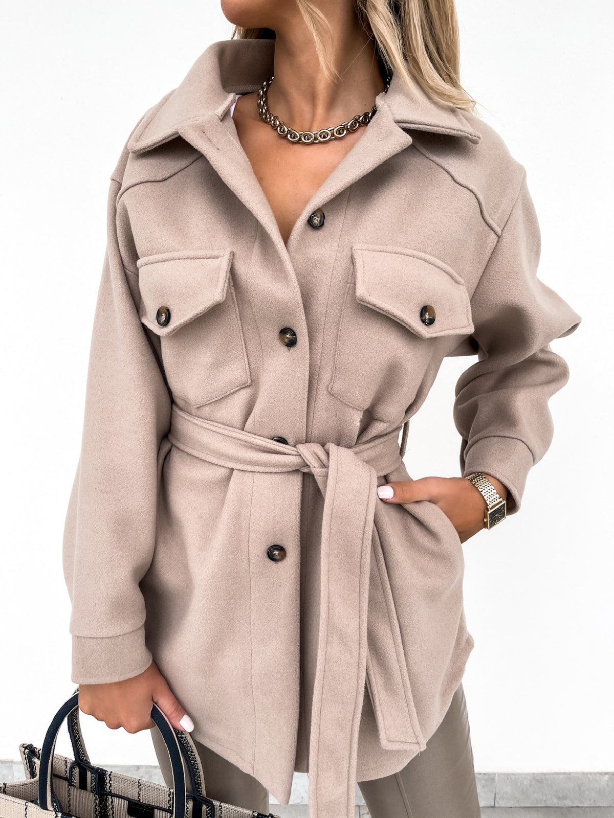 Fall Winter Lapels Single Breasted Thickened Solid Color Shirt Woolen Baggy Coat Female