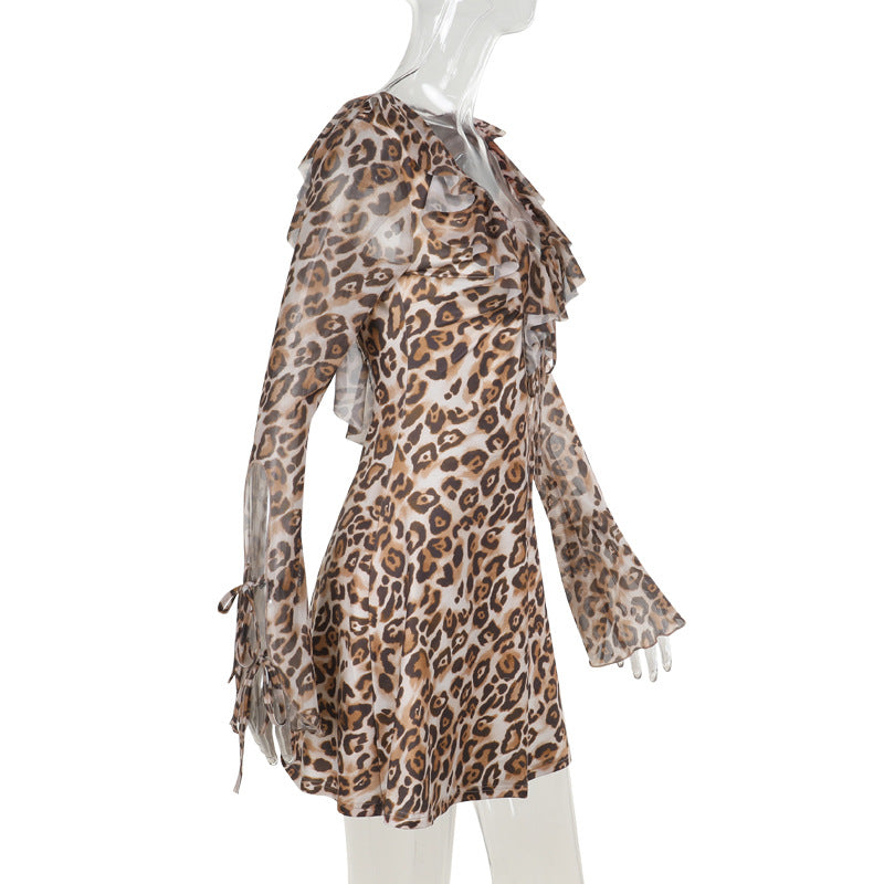 Leopard Print Ruffled Tied Long Sleeve Mini Dress Personality Sexy Sexy Slim Fit Dress