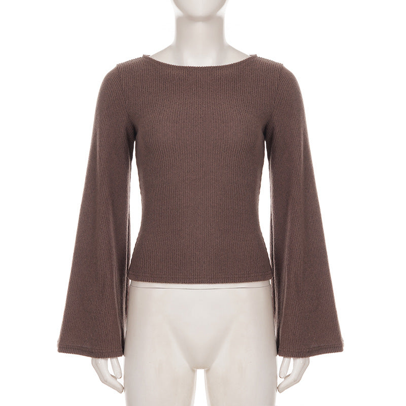 Basic round Neck Large Bell Sleeve Knitted Women Slim Fit Slimming Long Sleeves Sweater