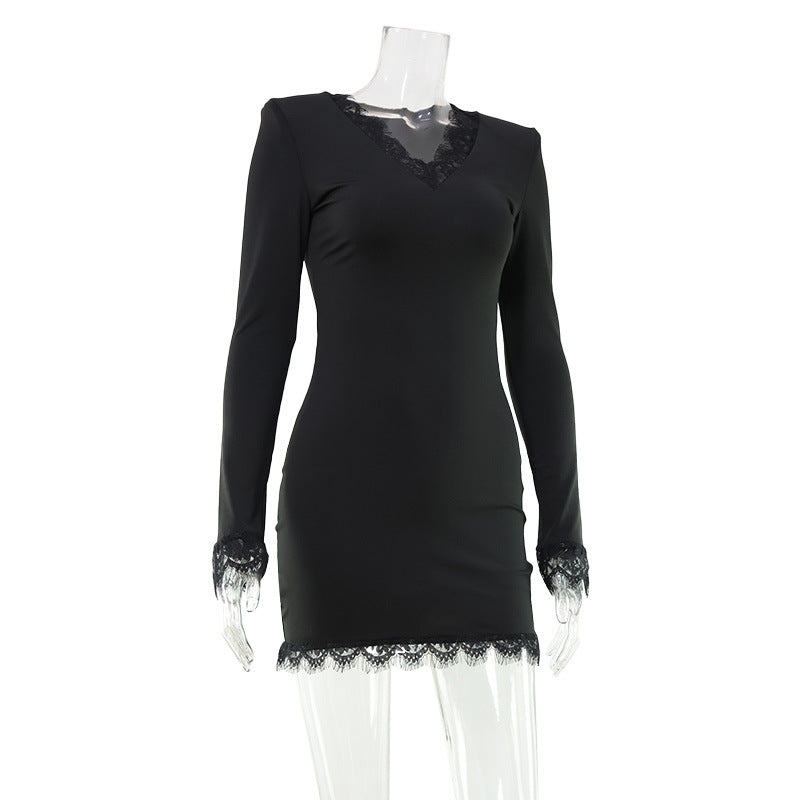 Autumn Women Clothing French Lace V neck Solid Color Simple Slim Fit Long Sleeve Narrow Short Dress