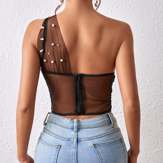 【MOQ-5 packs】 Sexy Sheer Mesh Wrapped Chest Steel Ring Boning Corset Slim Waist Rhombus Vest for Women
